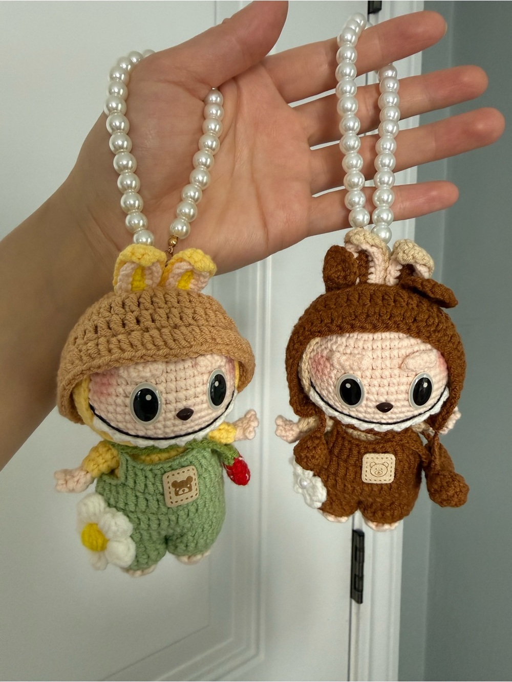 Handmade Labubu-Brown and Green Crochet Bunny Keychain charm charm-Unique Gift